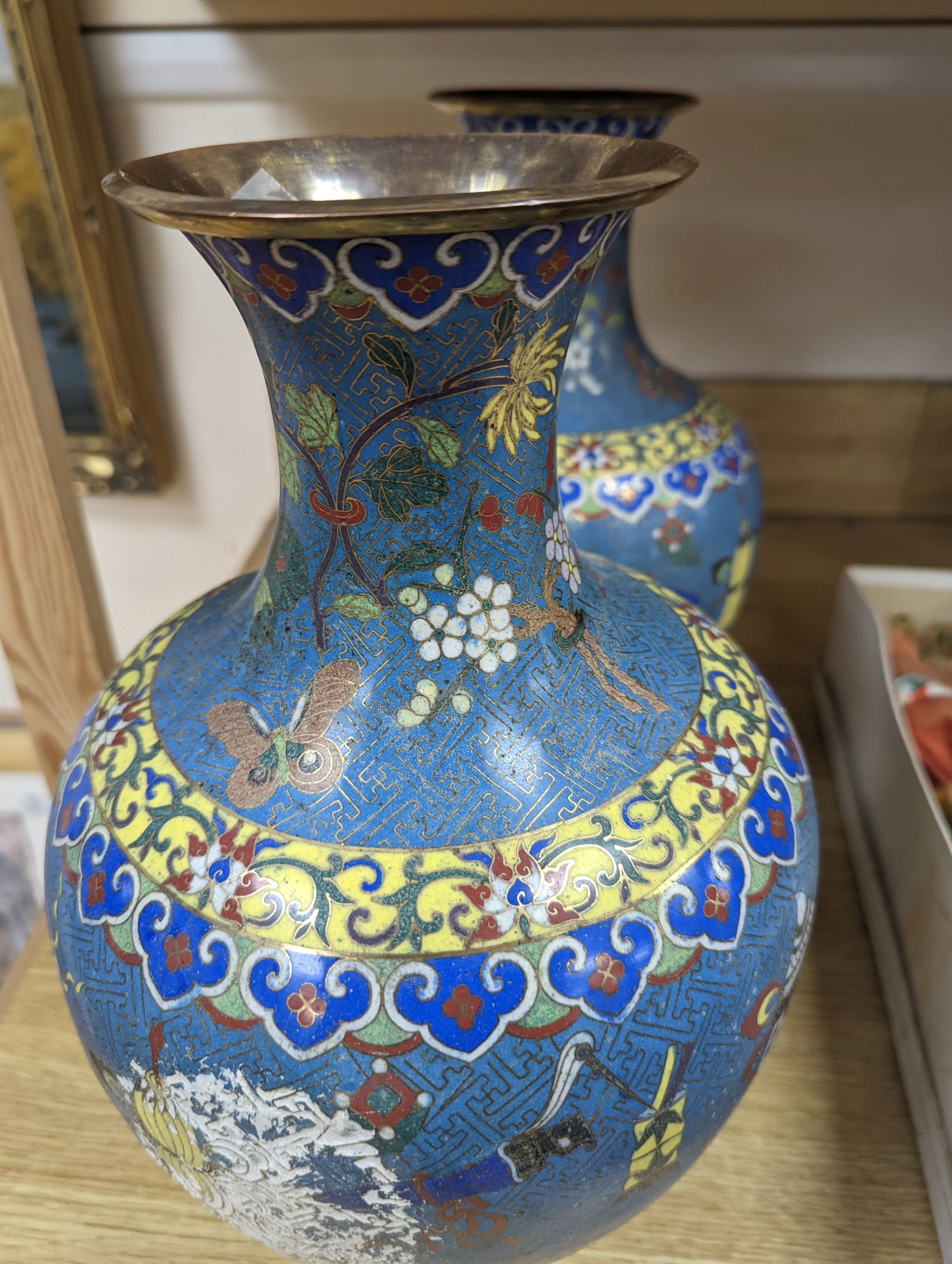 A pair of late 19th/early 20th century Chinese cloisonné enamel ‘Buddhist emblems’ vases 36cm